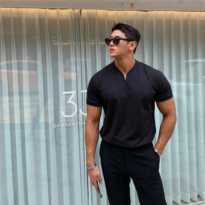 Summer Men Business Causal T-shirt Beach Fashion Thin Stand Collar Solid Tee V-neck Breathable Fitness Korean Streetwear Tops