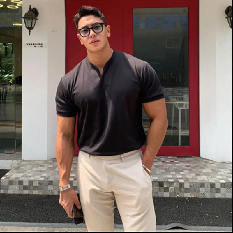 Summer Men Business Causal T-shirt Beach Fashion Thin Stand Collar Solid Tee V-neck Breathable Fitness Korean Streetwear Tops