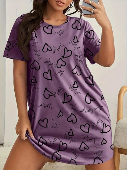 Plus Size Love Print Short Sleeve Nightgown Women's Large Size Micro Stretch Casual Round Neck Loungewear Dresses