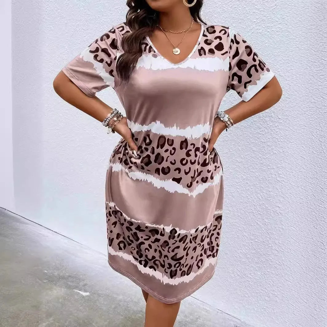 Spring Summer Plus Size  Women's   Dresses  Fashion  Leopard V-Neck  Casual Loose Comfortable Dress