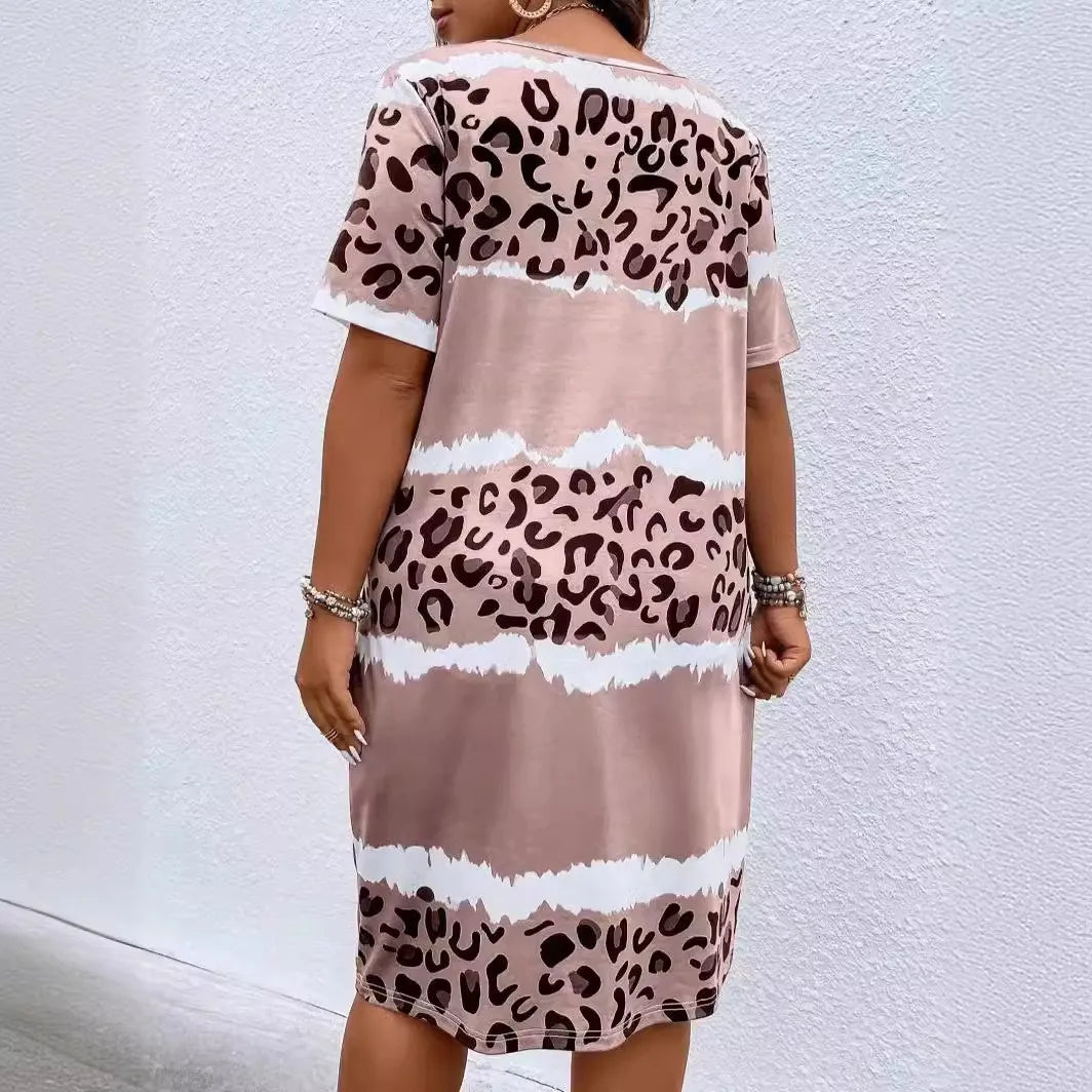 Spring Summer Plus Size  Women's   Dresses  Fashion  Leopard V-Neck  Casual Loose Comfortable Dress