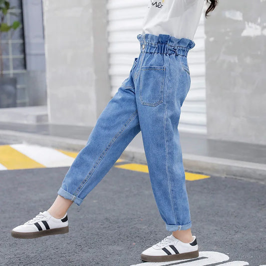 Summer Teen Girls Jeans Blue High Waist Slim Denim Pants for Girls Kids Trousers Casual Children Clothes for 10 12 14 Years