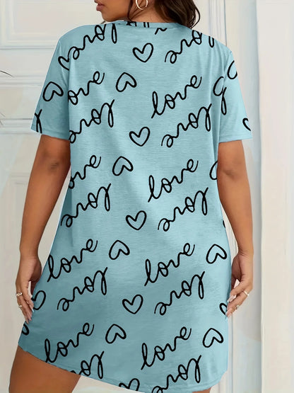 Plus Size Love Print Short Sleeve Nightgown Women's Large Size Micro Stretch Casual Round Neck Loungewear Dresses