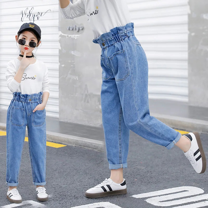 Summer Teen Girls Jeans Blue High Waist Slim Denim Pants for Girls Kids Trousers Casual Children Clothes for 10 12 14 Years