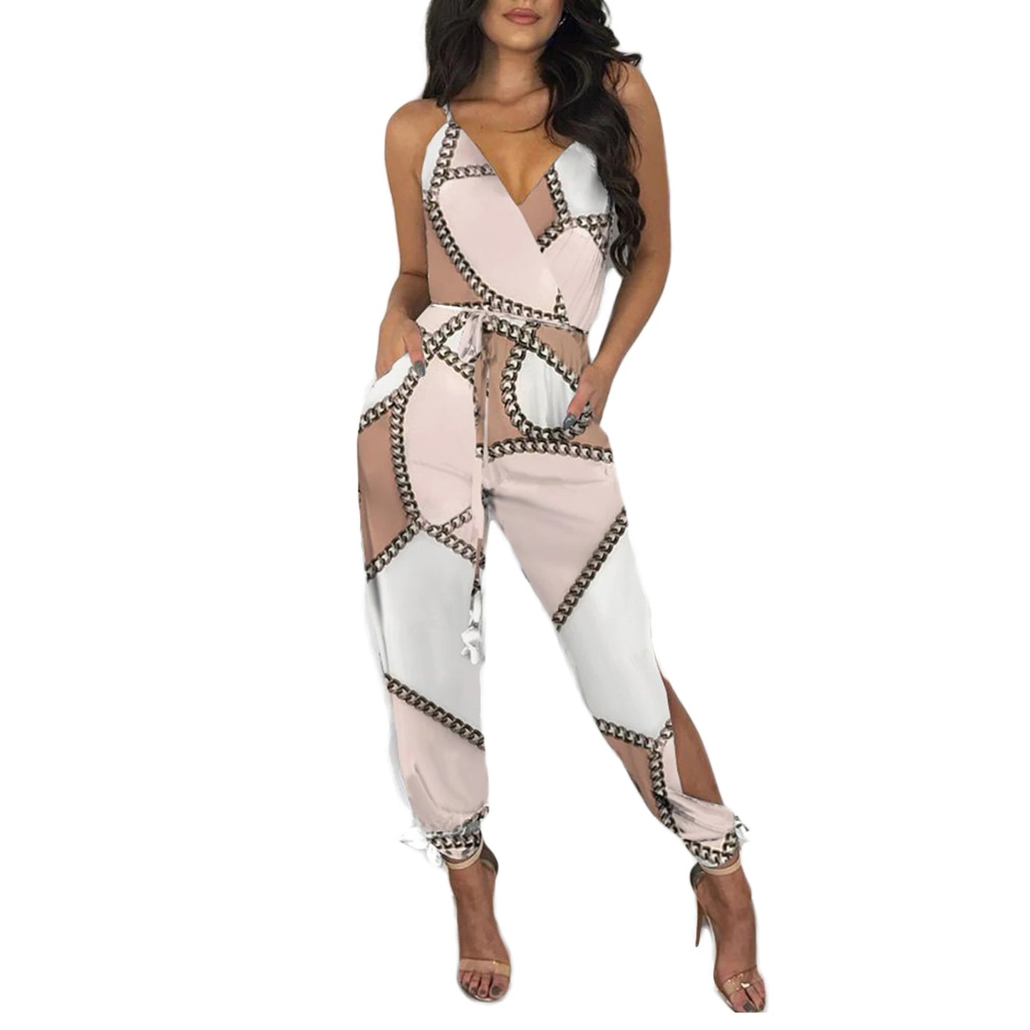 2021 New Style Women Sexy Jumpsuit With Slit Design Printed Pattern Deep V-neck Sleeveless Overalls With Waistband