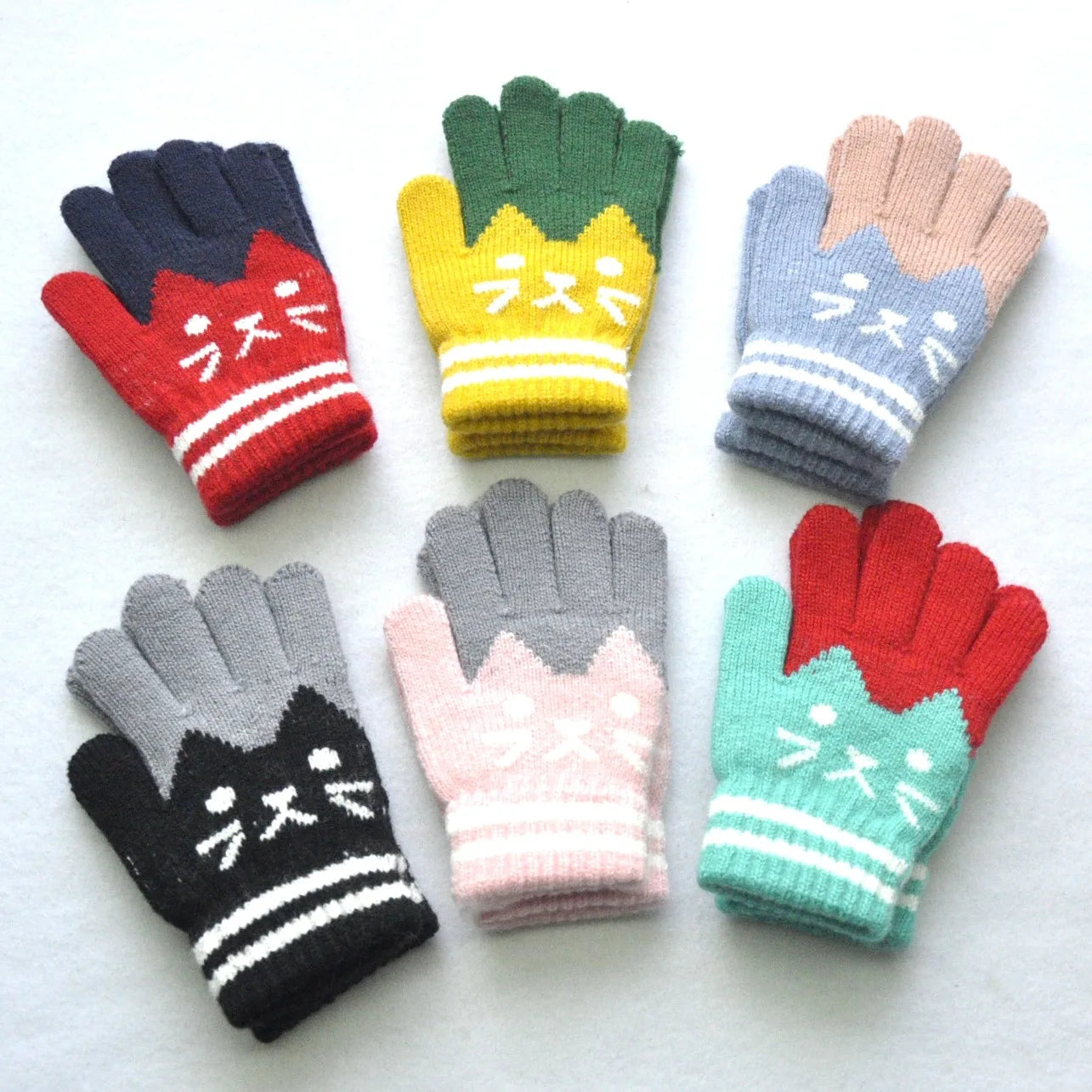 6-11years Kids Winter Warm Velvet Wool Gloves Cartoon Cat Baby Girls Baby Boys Gloves KF194