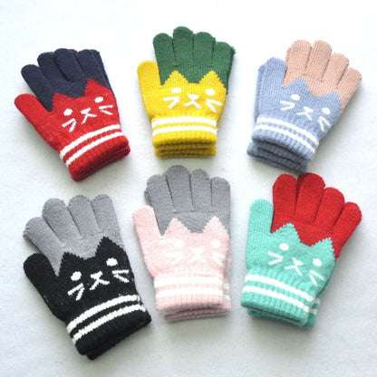 6-11years Kids Winter Warm Velvet Wool Gloves Cartoon Cat Baby Girls Baby Boys Gloves KF194