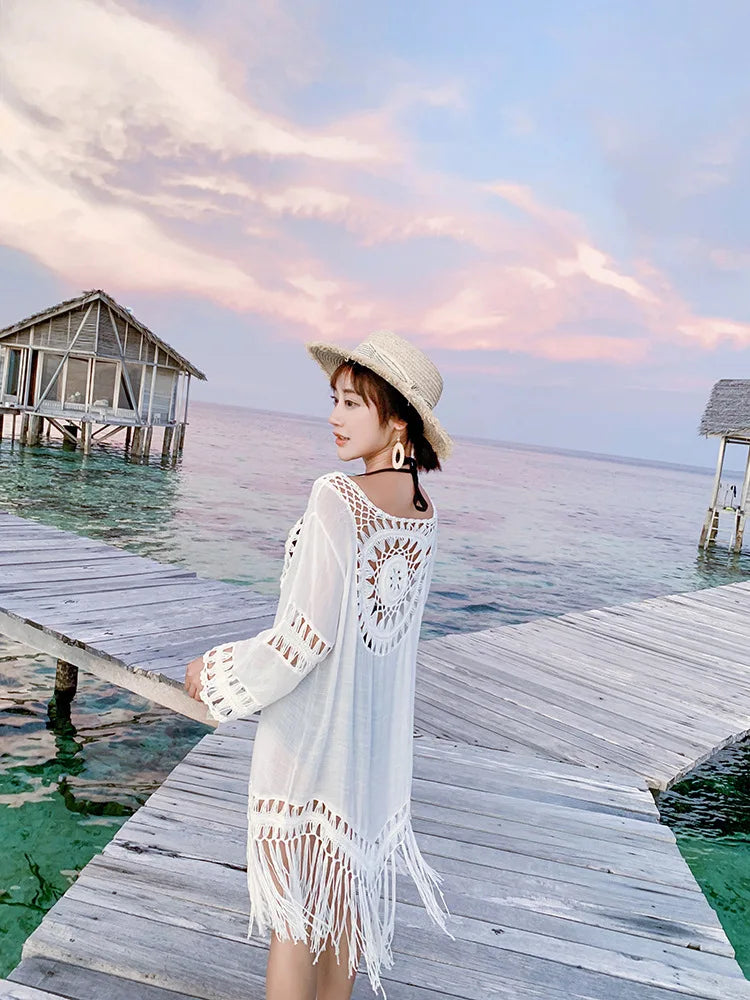 2022 New Beach Cover Up Tassel Dress Pareo Women Bikini Summer Hollow Out Swimwear Sun Dress Long Sleeve White Swimsuit Vestido