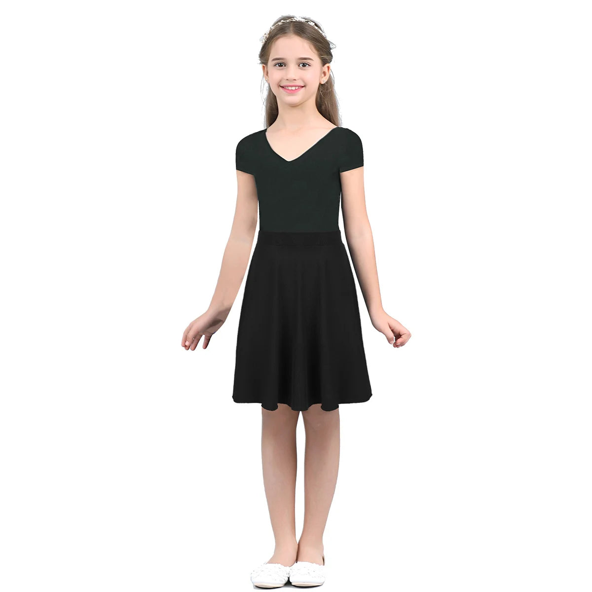 Big Girls Skater Skirt Solid Color Lightweight Stretchy Knee Length A-line Skirts Teen Kids Casual Party Costume Dance Skirt