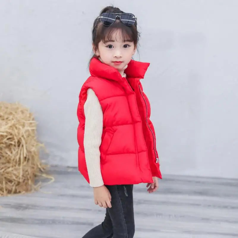 Solid Color Children Stand Collar Cotton Vests Boys Girls Autumn Winter Down Sleeveless Waistcoat Jacket Warm Outerwear 3-10Y