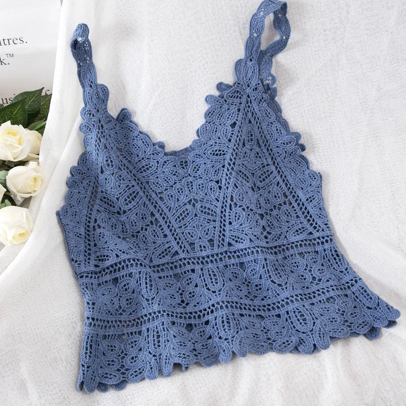 Summer Sweet Short Style Lace Vest crop top Women Hollow Out Fashion Camis Vacation Beach Knitted LooseTop Womens Sexy Tank Tops