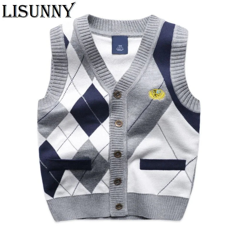 2024 Autumn Spring Kids Boy Sweater Vest Girl Children Clothing Plaid Stitching Coat Baby Cotton thick top Boys Cardigan Vest