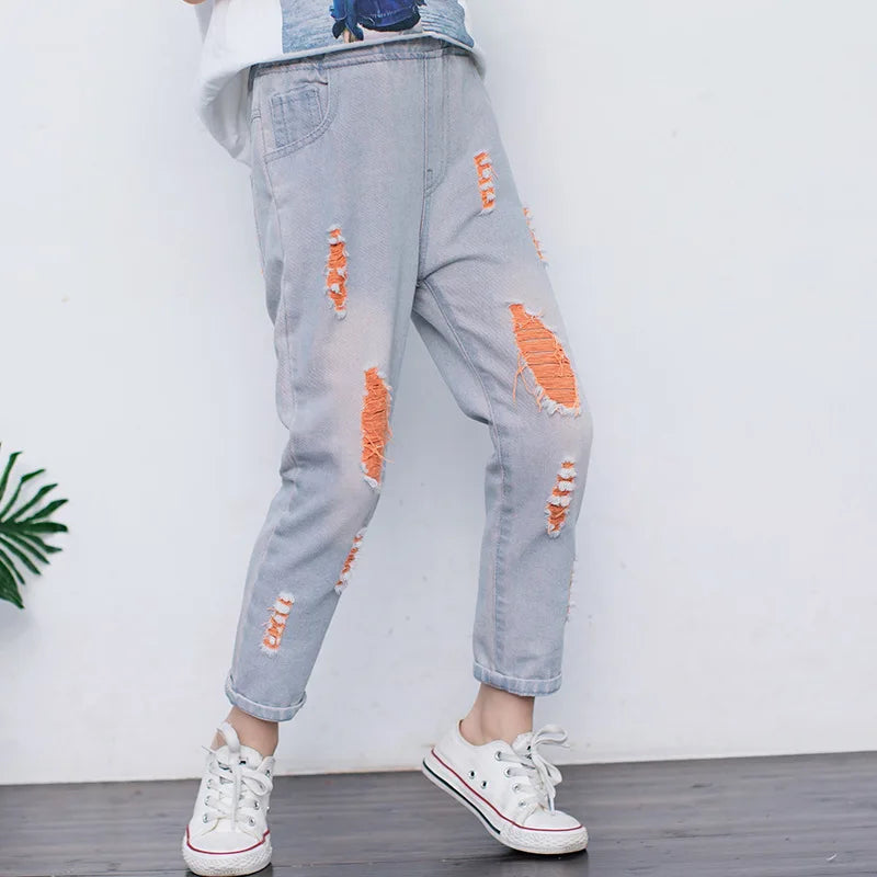 2024 New Fashion Multicolor Hole Little Girl Jeans Boy Spring and Summer Denim Casual Loose Cuffed Jeans Children Pants