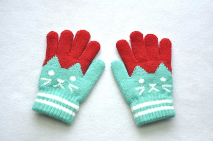 6-11years Kids Winter Warm Velvet Wool Gloves Cartoon Cat Baby Girls Baby Boys Gloves KF194