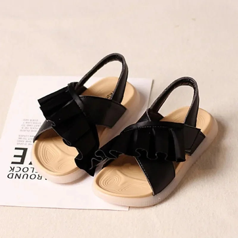 Summer Little Girls White Black Ruffles Sandals Kids Non-slip Korean Toddler Baby Princess Dress Shoes Shoe 1 2 3 4 6 Years Old