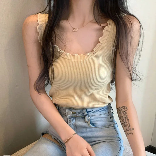 Sexy Slim Knitted Tank Tops Women Ribbed Sleeveless Summer Casual Woman Spaghetti Camisole Top White 2021 Korean Women Clothes