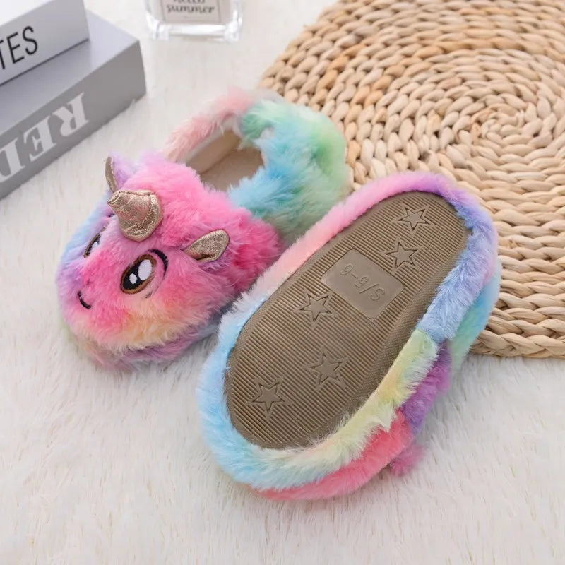 Winter Unicorn Slippers Kids Toddler Girl Flip Flop Baby Boys Fur Slides Cotton Indoor Shoes Warm Fluffy House Children Slipper