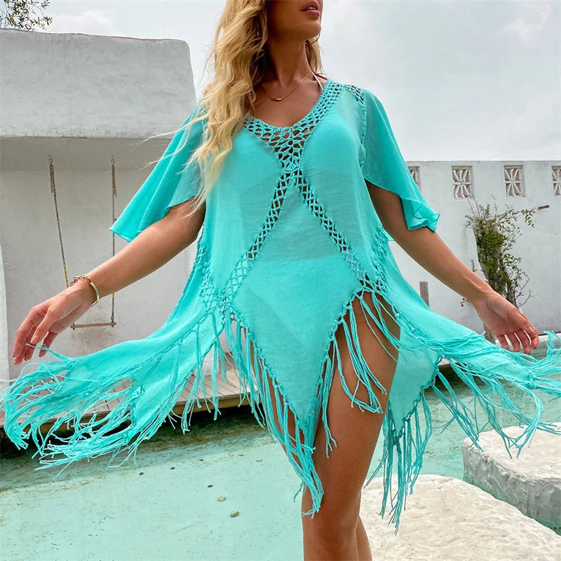 2021 Beach Cover Up Crochet Knitted Tassel Tie Beachwear Tunic Long Pareos Summer Swimsuit Cover Up Sexy See-Through Beach Dress