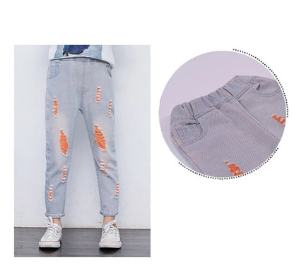 2024 New Fashion Multicolor Hole Little Girl Jeans Boy Spring and Summer Denim Casual Loose Cuffed Jeans Children Pants