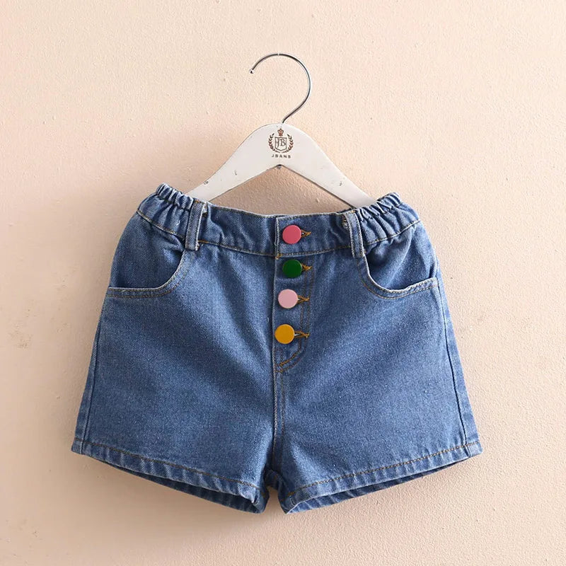 2024 Hot Summer Casual New 2 3 4 5 6 7 8 10 12 Years Child Baby Cotton Pocket Colorful Buttons Denim Blue Kids Girls Shorts