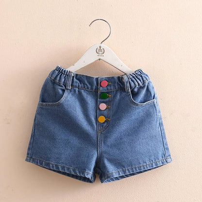 2024 Hot Summer Casual New 2 3 4 5 6 7 8 10 12 Years Child Baby Cotton Pocket Colorful Buttons Denim Blue Kids Girls Shorts