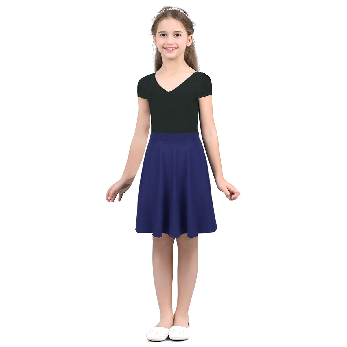 Big Girls Skater Skirt Solid Color Lightweight Stretchy Knee Length A-line Skirts Teen Kids Casual Party Costume Dance Skirt