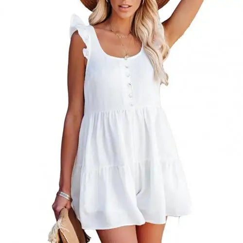 Sexy Backless White Pleated Patchwork Short Sleeve Women's Jumpsuit Casual Loose Rompers Summer Sweet Beach Party Ladies Clothes