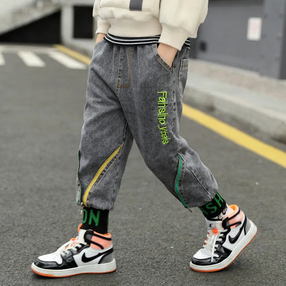 New Winter Boys Letter Print Cargo Warm Pants Kids 3-15Y Trousers Teenage Casual Clothes Elastic Waist Boy Thick Casual Pants