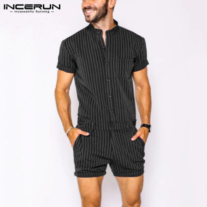 INCERUN Striped Men Rompers Breathable Stand Collar Short Sleeve Joggers Playsuits Streetwear Fashion Men Jumpsuits Shorts S-5XL