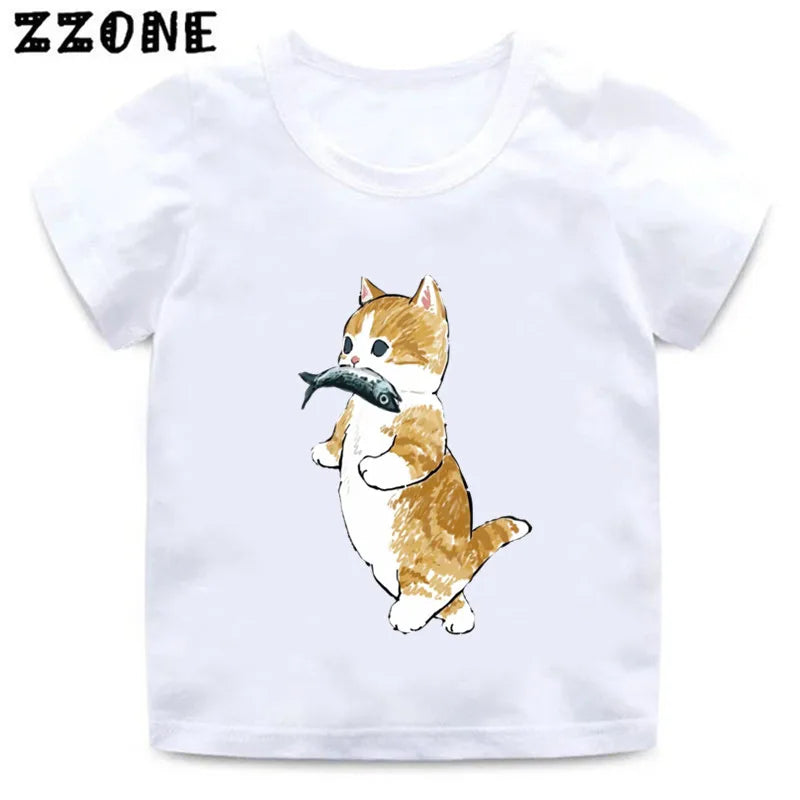 Cute Cat Drawing Print Kids Cartoon Funny T-Shirts Harajuku Casual Kawaii Baby Boys Summer T shirt Children Tops Girls Clothes