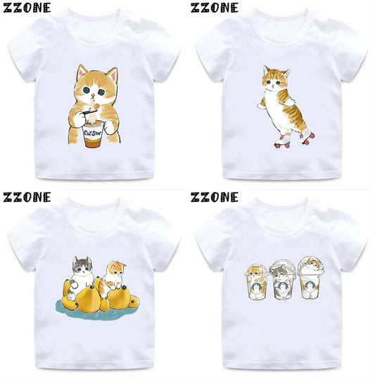 Cute Cat Drawing Print Kids Cartoon Funny T-Shirts Harajuku Casual Kawaii Baby Boys Summer T shirt Children Tops Girls Clothes