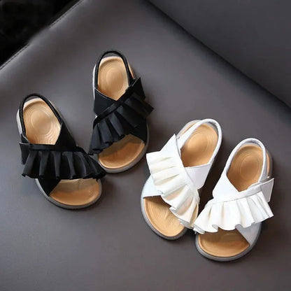 Summer Little Girls White Black Ruffles Sandals Kids Non-slip Korean Toddler Baby Princess Dress Shoes Shoe 1 2 3 4 6 Years Old