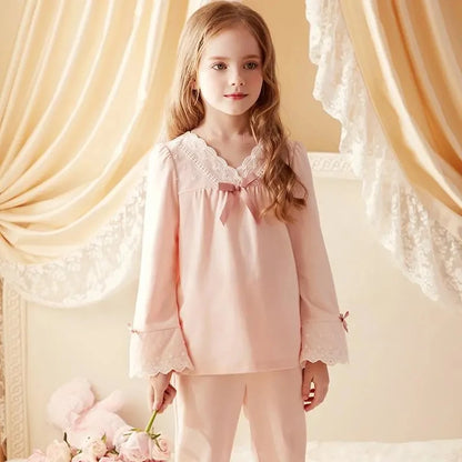 Girls' Pajamas Cotton Princess Style Suit Spring Autumn Long-Sleeved T-Shirt Trousers Cute Baby Home Service Clothes Tops+Pants