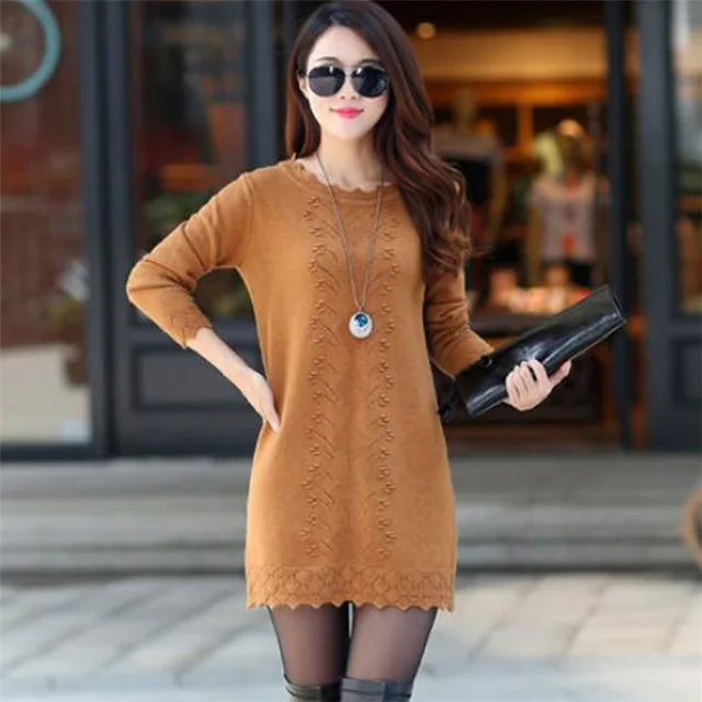 Women Sweaters Dress Pullovers 2025 New Autumn Winter Long Knitted Sweater Knitwear Female Long Sleeve Bottoming Long Dresses