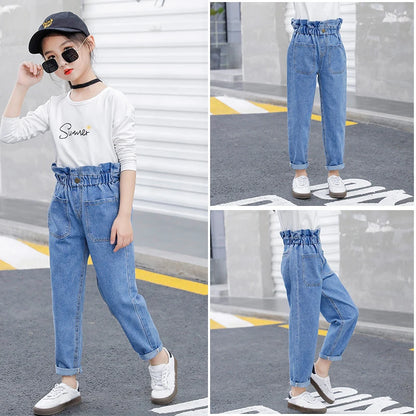 Summer Teen Girls Jeans Blue High Waist Slim Denim Pants for Girls Kids Trousers Casual Children Clothes for 10 12 14 Years