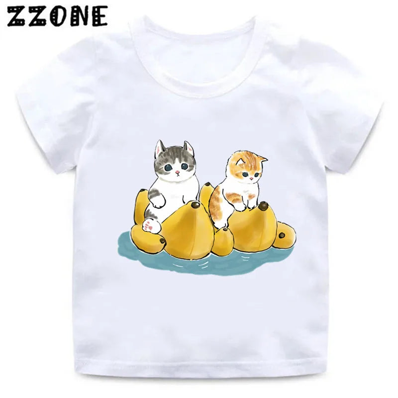 Cute Cat Drawing Print Kids Cartoon Funny T-Shirts Harajuku Casual Kawaii Baby Boys Summer T shirt Children Tops Girls Clothes