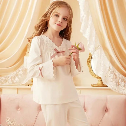 Girls' Pajamas Cotton Princess Style Suit Spring Autumn Long-Sleeved T-Shirt Trousers Cute Baby Home Service Clothes Tops+Pants