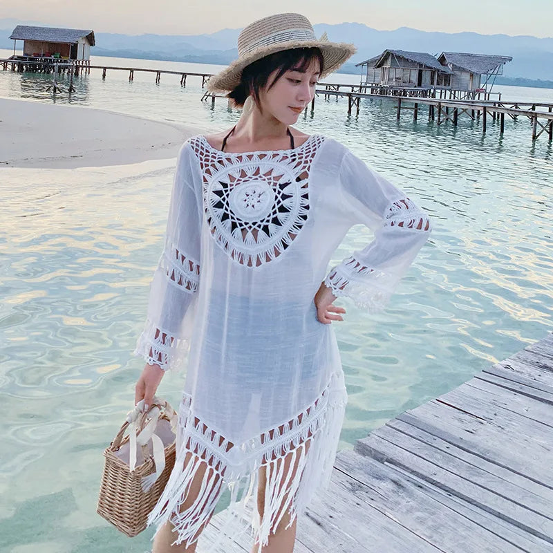 2022 New Beach Cover Up Tassel Dress Pareo Women Bikini Summer Hollow Out Swimwear Sun Dress Long Sleeve White Swimsuit Vestido