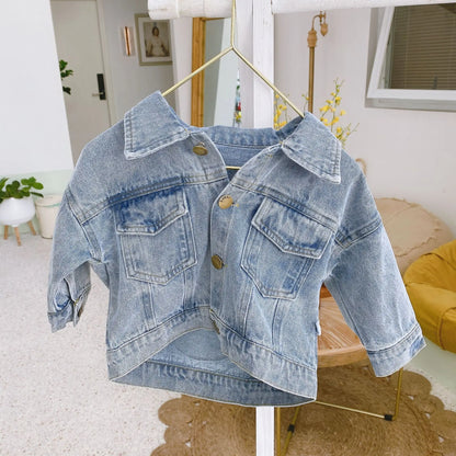 Children's smiling face denim jacket 2021 spring cartoon printed long sleeve casual jacket for boys and girls