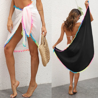 Women Beach Sarongs Beach Cover Ups Sexy Sheer Mesh Swimsuit Swimwear Wrap Skirt Bikini Cover Up with Colorful Pompom Tassel