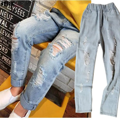 2024 New Fashion Multicolor Hole Little Girl Jeans Boy Spring and Summer Denim Casual Loose Cuffed Jeans Children Pants