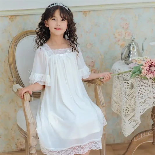 Solid Color Summer Thin Baby Girl Nightdress Short-sleeved Children's Nightdress Princess Style Girl's Lace Mesh Pajamas