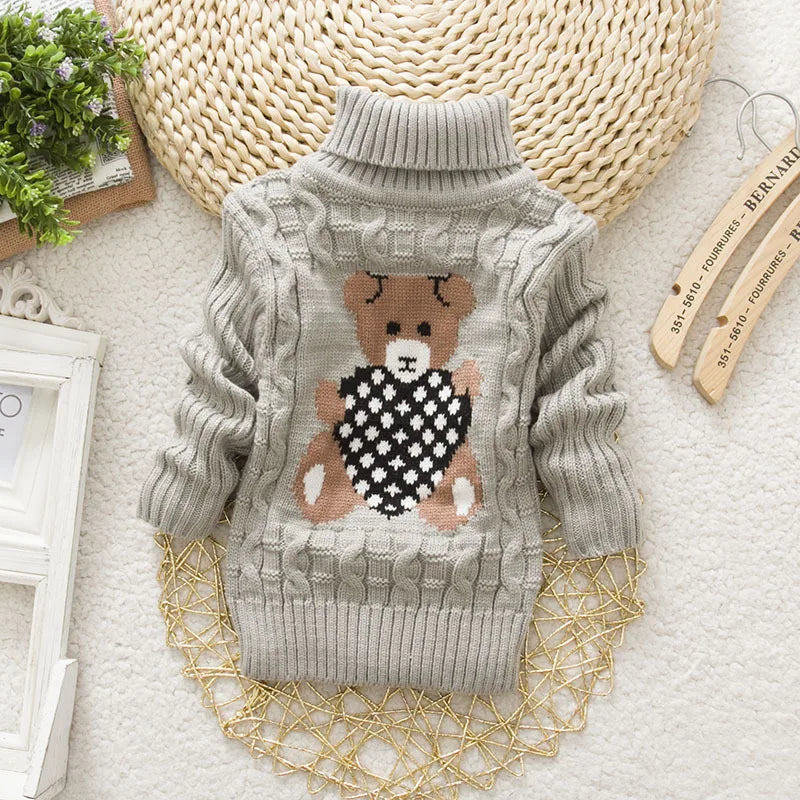 1-8 Years Warm Cute Winter Boys Girls Sweater Cartoon Bear Knitted Bottoming Turtleneck 2021 Children Birthday Present Sweater