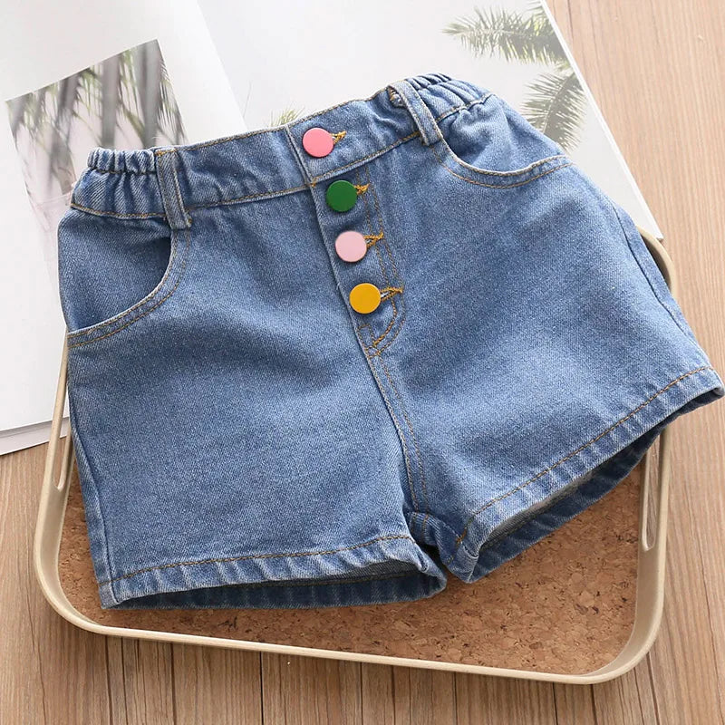 2024 Hot Summer Casual New 2 3 4 5 6 7 8 10 12 Years Child Baby Cotton Pocket Colorful Buttons Denim Blue Kids Girls Shorts