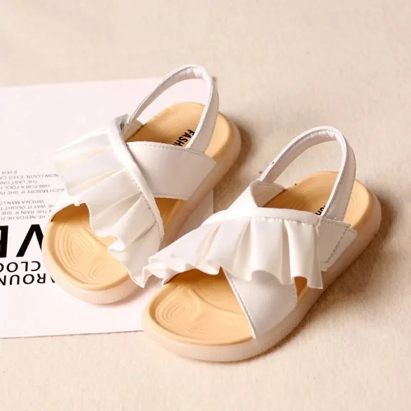 Summer Little Girls White Black Ruffles Sandals Kids Non-slip Korean Toddler Baby Princess Dress Shoes Shoe 1 2 3 4 6 Years Old