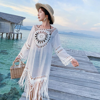 2022 New Beach Cover Up Tassel Dress Pareo Women Bikini Summer Hollow Out Swimwear Sun Dress Long Sleeve White Swimsuit Vestido