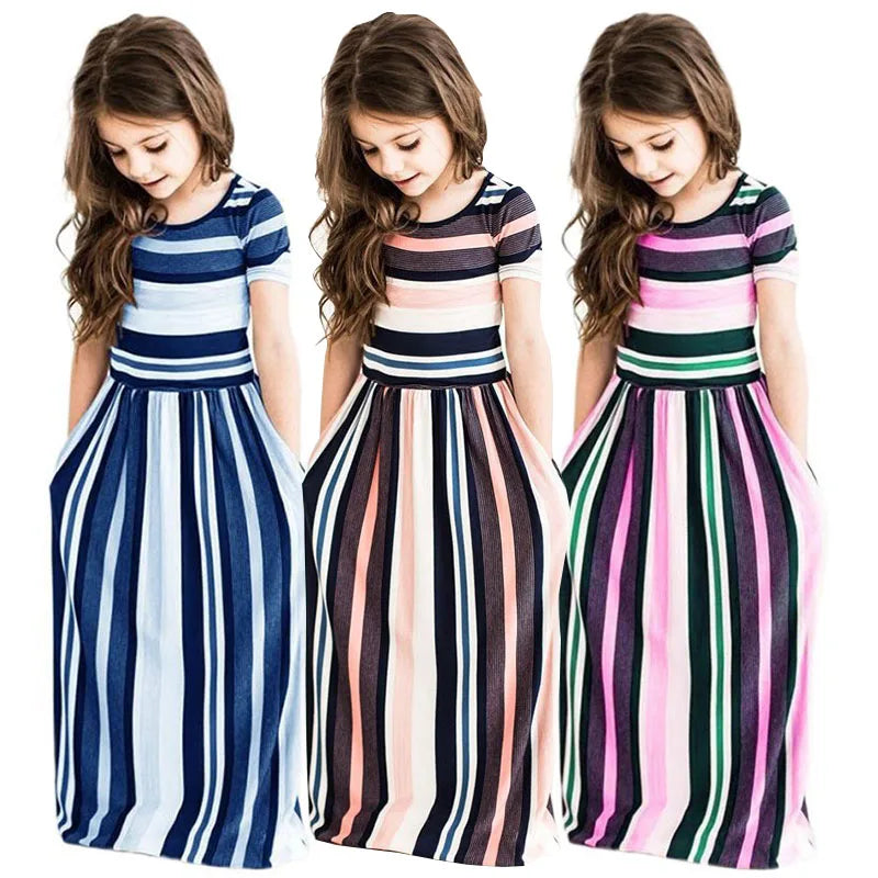 Baby Girl Striped Print Long Dress Toddler Girls Bohemian Flower Dress Kids Causal Clothes Polyester Soft Summer Beachwear Dress