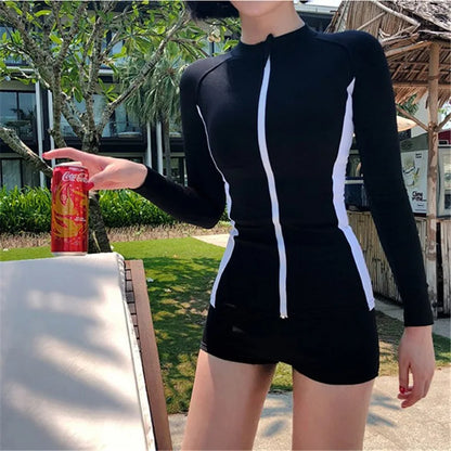 2021 New Korean Style Long Sleeve Women Solid One Piece Swimsuit Swimwear High Neck Bathing Suits Surfing Suits Beachwear