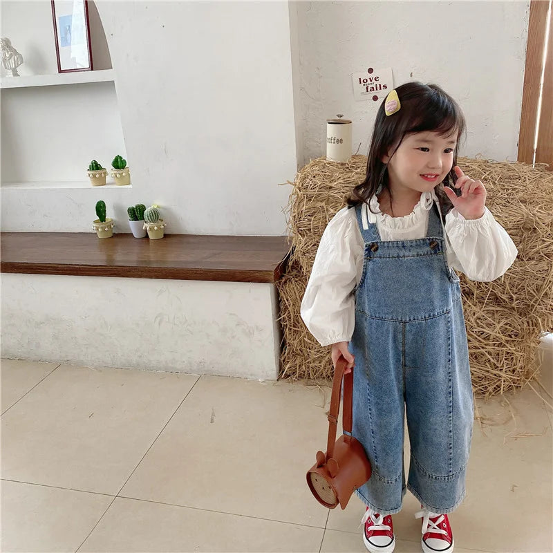 Korean style Spring Fall Kids Children Oversized Wide Leg Denim Overalls Baby Clothes Boys Girls Loose All-match Casual Pants