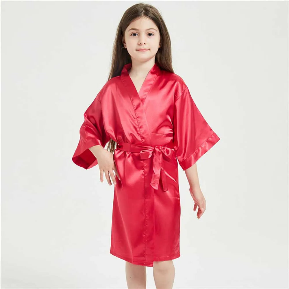 3-13Y Boy Girl Bathrobe Pink Satin Silk Kids Robes Summer Sleepwear Children's Kimono Bath Towel Robe Wedding Spa Party Birthday